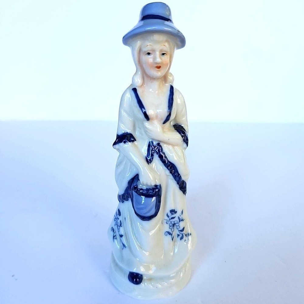 Vintage Porcelain Colonial Lady Figurine Blue White Victorian Woman Statue Decor